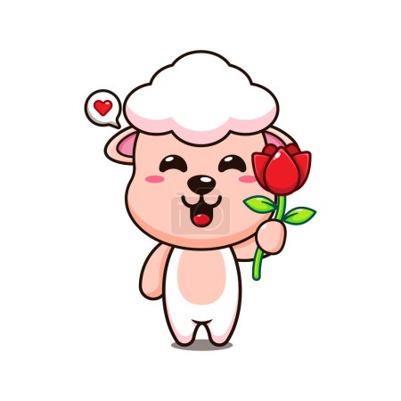 Téléchargez les illustrations : Mignon mouton tenant rose fleur dessin animé vecteur illustration. - en licence libre de droit