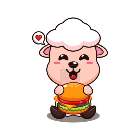 Téléchargez les illustrations : Mignon mouton avec illustration vectorielle de dessin animé hamburger. - en licence libre de droit