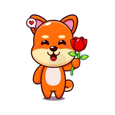 Ilustración de Lindo shiba inu holding rosa flor dibujo animado vector ilustración. - Imagen libre de derechos