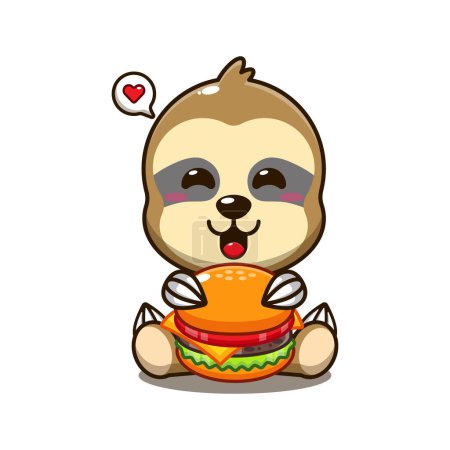 Téléchargez les illustrations : Paresseux mignon avec illustration vectorielle de dessin animé burger. - en licence libre de droit