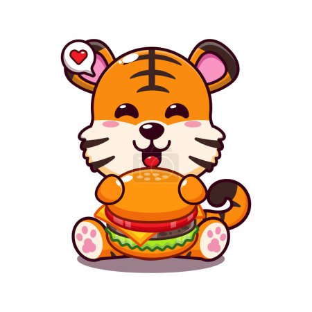 Ilustración de Tigre lindo con hamburguesa ilustración vector de dibujos animados. - Imagen libre de derechos