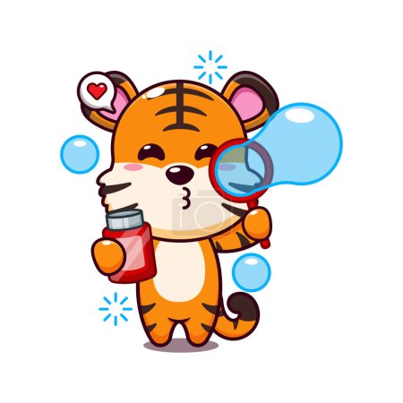 Illustration for Cute tiger blowing bubbles cartoon vector illustration. - Royalty Free Image
