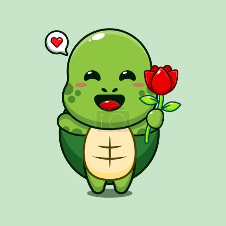 Téléchargez les illustrations : Mignon tortue tenant rose fleur dessin animé vecteur illustration. - en licence libre de droit