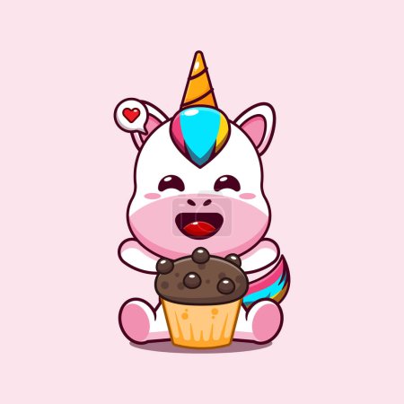 Illustration for Cute unicorn with cup cake cartoon vector illustration. - Royalty Free Image