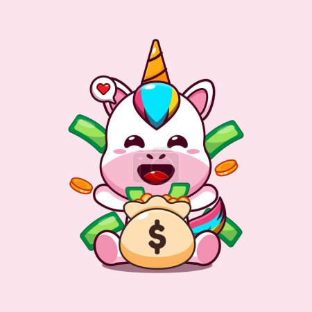Illustration for Cute unicorn with money bag cartoon vector illustration. - Royalty Free Image