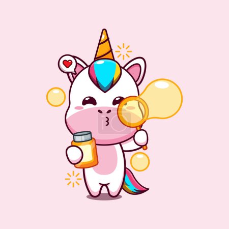 Illustration for Cute unicorn blowing bubbles cartoon vector illustration. - Royalty Free Image