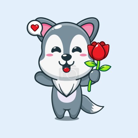 Illustration for Cute wolf holding rose flower cartoon vector illustration. - Royalty Free Image