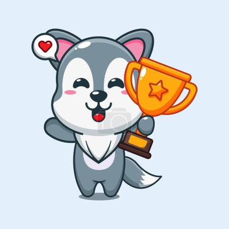 Illustration for Cute wolf holding gold trophy cup cartoon vector illustration. - Royalty Free Image
