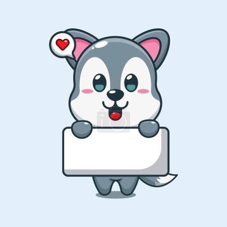 Illustration for Cute wolf holding greeting banner cartoon vector illustration. - Royalty Free Image