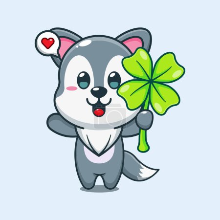 Illustration for Cute wolf with clover leaf cartoon vector illustration. - Royalty Free Image