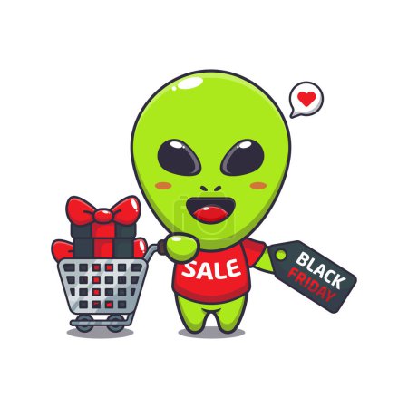 Téléchargez les illustrations : Mignon alien avec panier et coupon de réduction noir vendredi vente dessin animé vecteur illustration - en licence libre de droit