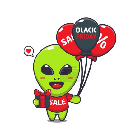 Téléchargez les illustrations : Mignon alien avec des cadeaux et des ballons en noir vendredi vente dessin animé vectoriel illustration - en licence libre de droit