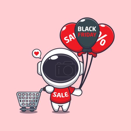 Ilustración de Lindo astronauta con carrito de compras y globo en negro viernes venta ilustración vector de dibujos animados - Imagen libre de derechos