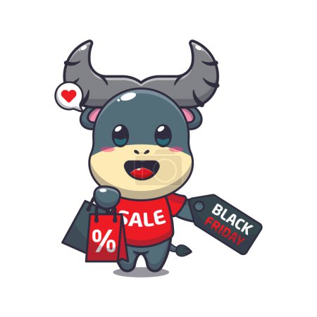 Illustration for Cute buffalo with shopping bag and black friday sale discount cartoon vector illustration - Royalty Free Image