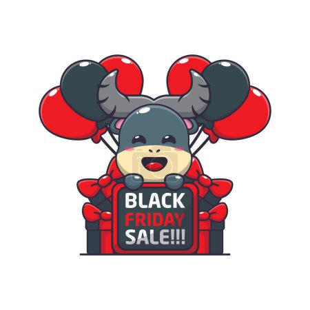 Ilustración de Lindo búfalo feliz en negro viernes venta ilustración vectorial de dibujos animados - Imagen libre de derechos