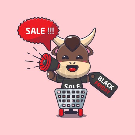 Ilustración de Lindo toro en el carrito de compras está promoviendo la venta de viernes negro con ilustración de vectores de dibujos animados megáfono - Imagen libre de derechos