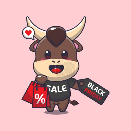 Illustration for Cute bull with shopping bag and black friday sale discount cartoon vector illustration - Royalty Free Image