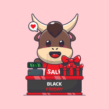 Illustration for Cute bull with cashier table in black friday sale cartoon vector illustration - Royalty Free Image