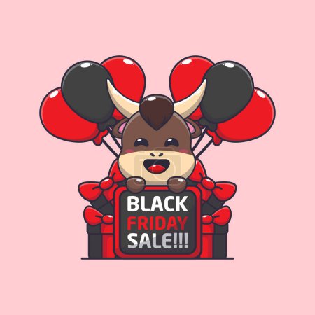 Illustration for Cute bull happy in black friday sale cartoon vector illustration - Royalty Free Image