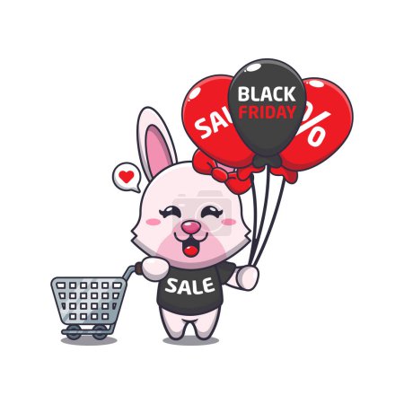 Téléchargez les illustrations : Mignon lapin avec panier et ballon à noir vendredi vente dessin animé vectoriel illustration - en licence libre de droit