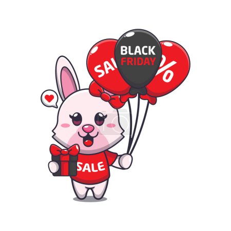 Illustration for Cute bunny with gifts and balloons in black friday sale cartoon vector illustration - Royalty Free Image