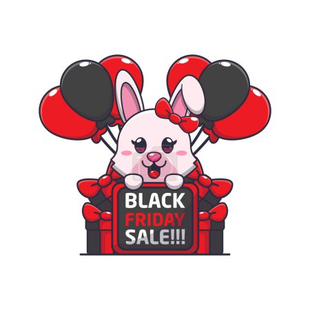 Téléchargez les illustrations : Mignon lapin heureux en noir vendredi vente dessin animé vectoriel illustration - en licence libre de droit