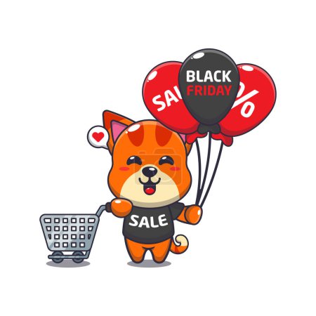 Illustration for Cute cat with shopping cart and balloon at black friday sale cartoon vector illustration - Royalty Free Image