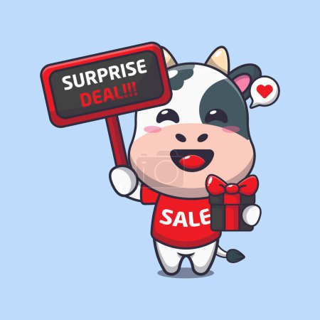 Téléchargez les illustrations : Vache mignonne avec signe de promotion et boîte cadeau en noir vendredi vente dessin animé vectoriel illustration - en licence libre de droit