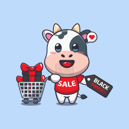 Téléchargez les illustrations : Vache mignonne avec panier et coupon de réduction noir vendredi vente dessin animé vecteur illustration - en licence libre de droit