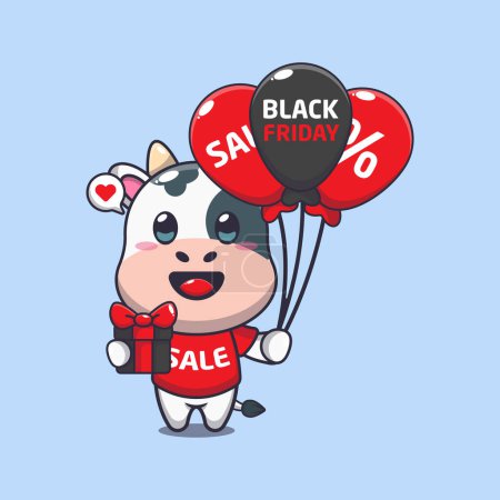 Téléchargez les illustrations : Vache mignonne avec des cadeaux et des ballons en noir vendredi vente dessin animé vectoriel illustration - en licence libre de droit