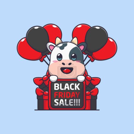 Téléchargez les illustrations : Mignon vache heureux en noir vendredi vente dessin animé vectoriel illustration - en licence libre de droit