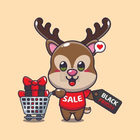 Illustration for Cute deer with shopping cart and discount coupon black friday sale cartoon vector illustration - Royalty Free Image