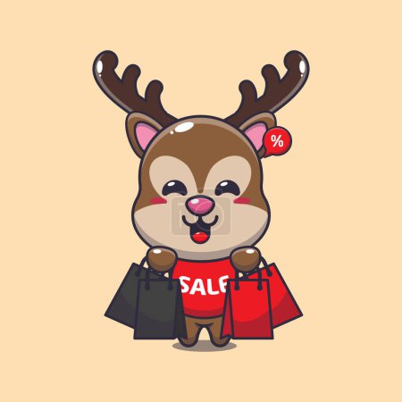 Illustration for Cute deer with shopping bag in black friday sale cartoon vector illustration - Royalty Free Image