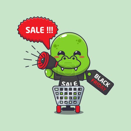 Illustration for Cute dino in shopping cart is promoting black friday sale with megaphone cartoon vector illustration - Royalty Free Image