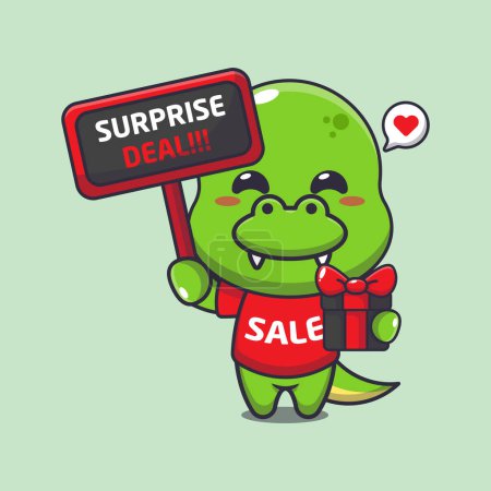 Illustration for Cute dino with promotion sign and gift box in black friday sale cartoon vector illustration - Royalty Free Image