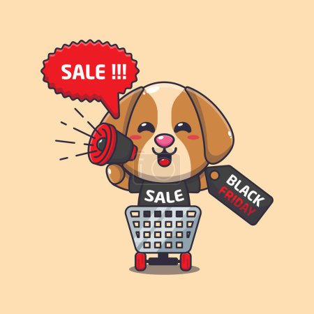 Illustration for Cute dog in shopping cart is promoting black friday sale with megaphone cartoon vector illustration - Royalty Free Image