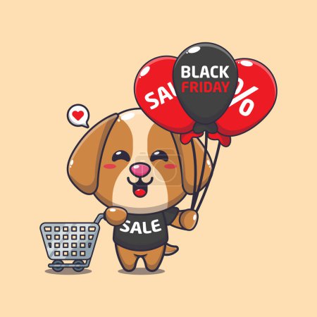 Illustration for Cute dog with shopping cart and balloon at black friday sale cartoon vector illustration - Royalty Free Image