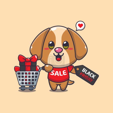 Illustration for Cute dog with shopping cart and discount coupon black friday sale cartoon vector illustration - Royalty Free Image
