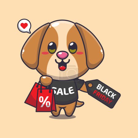 Téléchargez les illustrations : Mignon chien avec sac à provisions et noir vendredi vente discount dessin animé vectoriel illustration - en licence libre de droit
