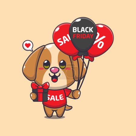 Illustration for Cute dog with gifts and balloons in black friday sale cartoon vector illustration - Royalty Free Image