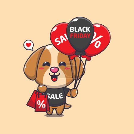 Téléchargez les illustrations : Mignon chien avec sac à provisions et ballon à noir vendredi vente dessin animé vecteur illustration - en licence libre de droit