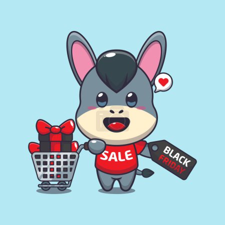 Illustration for Cute donkey with shopping cart and discount coupon black friday sale cartoon vector illustration - Royalty Free Image