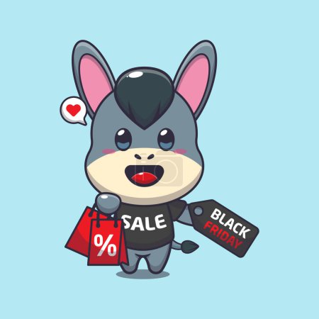 Illustration for Cute donkey with shopping bag and black friday sale discount cartoon vector illustration - Royalty Free Image