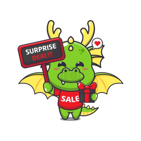 Téléchargez les illustrations : Dragon mignon avec signe de promotion et boîte cadeau en noir vendredi vente dessin animé vectoriel illustration - en licence libre de droit