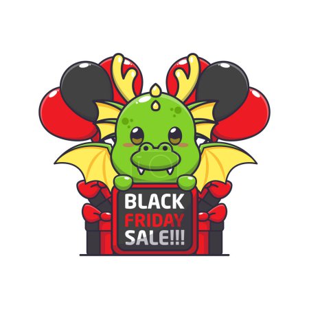Téléchargez les illustrations : Dragon mignon heureux en noir vendredi vente dessin animé vectoriel illustration - en licence libre de droit