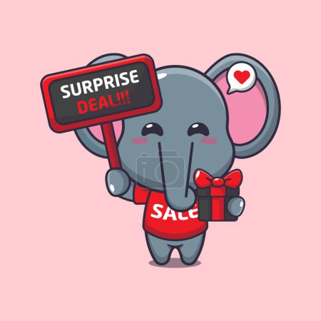 Illustration for Cute elephant with promotion sign and gift box in black friday sale cartoon vector illustration - Royalty Free Image