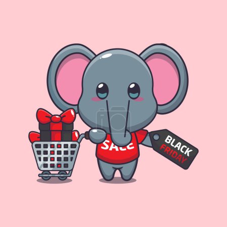 Téléchargez les illustrations : Mignon éléphant avec panier et coupon de réduction noir vendredi vente dessin animé vecteur illustration - en licence libre de droit