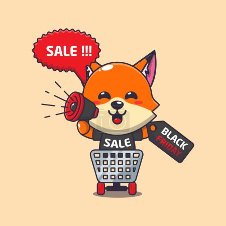 Illustration for Cute fox in shopping cart is promoting black friday sale with megaphone cartoon vector illustration - Royalty Free Image