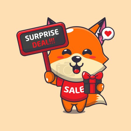 Illustration for Cute fox with promotion sign and gift box in black friday sale cartoon vector illustration - Royalty Free Image