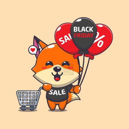 Illustration for Cute fox with shopping cart and balloon at black friday sale cartoon vector illustration - Royalty Free Image